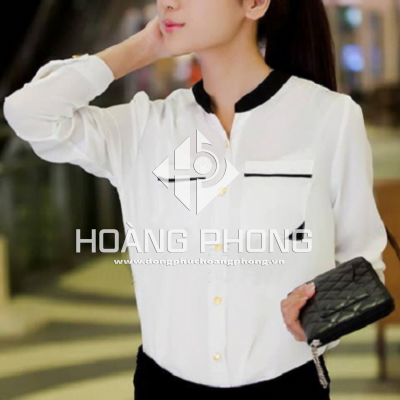 Đồng phục công sở – Áo sơ mi nữ màu trắng cổ đen dài tay